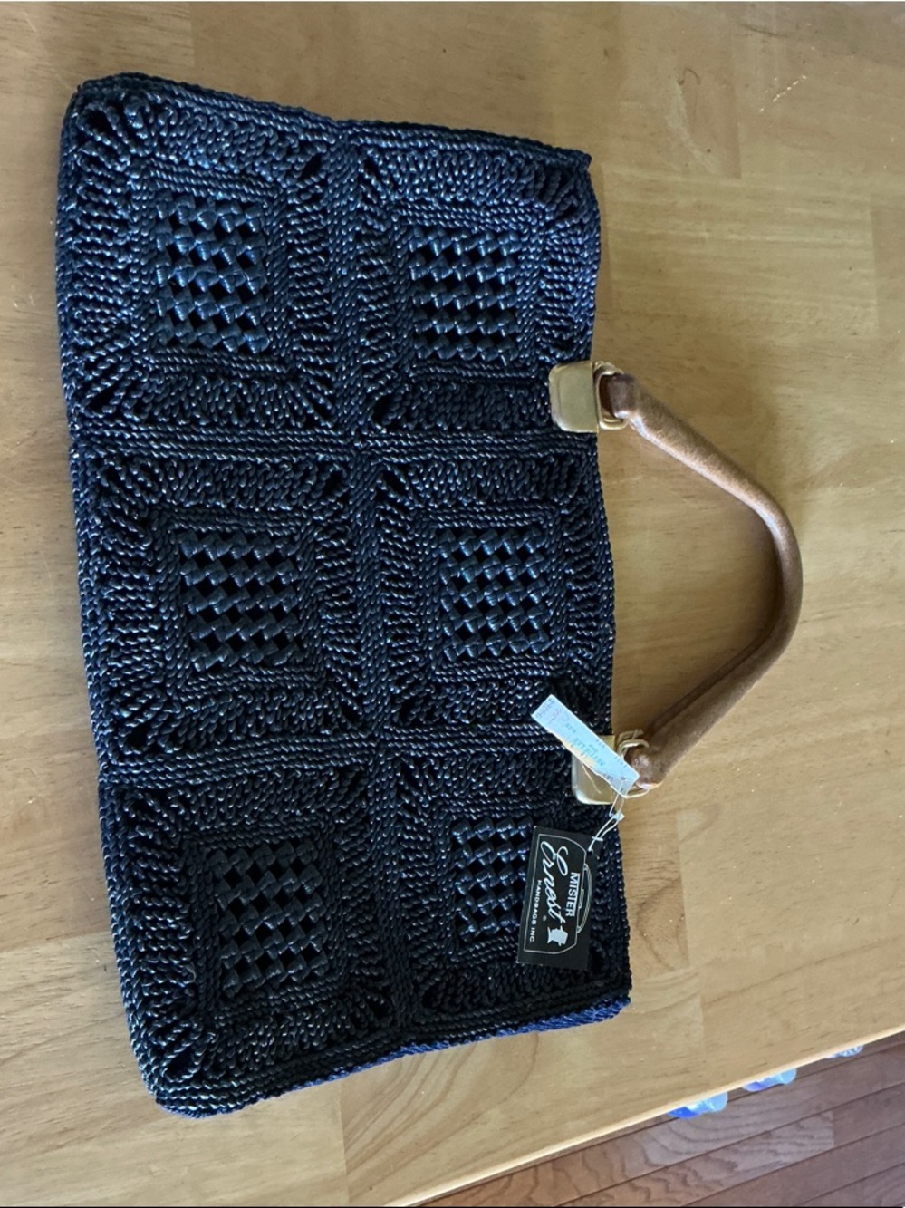Woven Black Tote with Brown Leather Handle